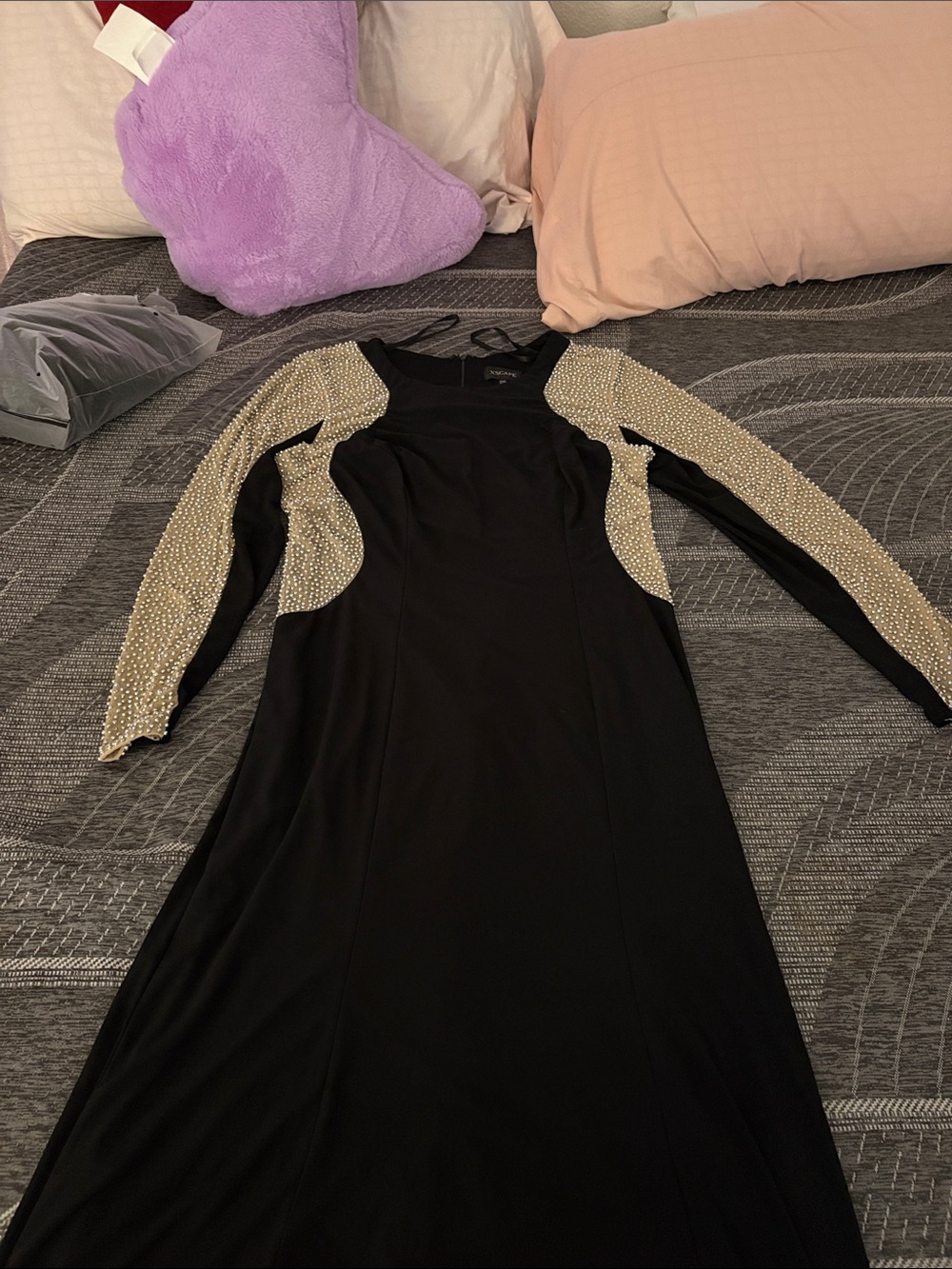 Xscape Black Maxi Dress with Gold Beaded Sleeves
